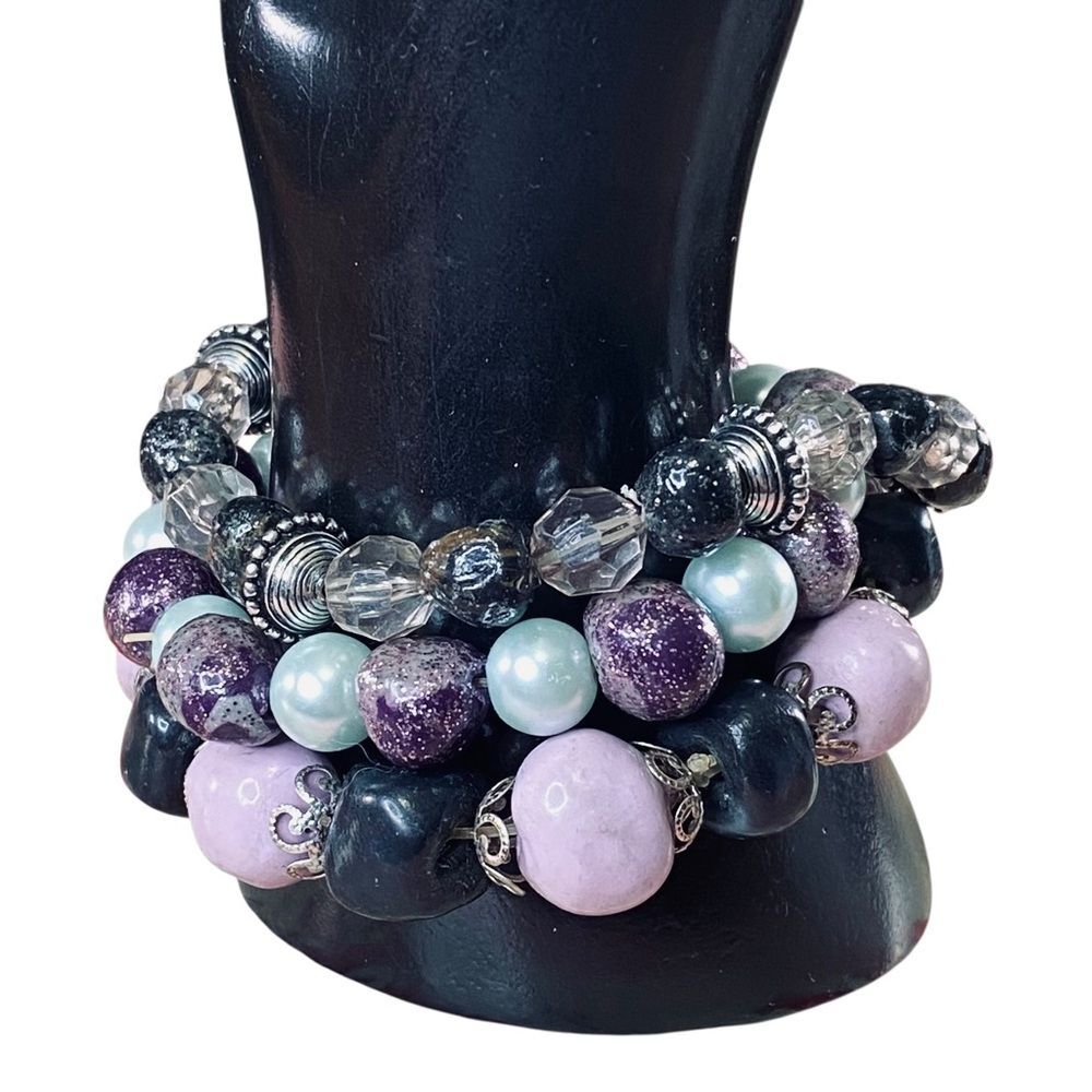 Handcrafted Multicolor Beaded Stretch Bracelet Set 1 SZ Fits Most 3 Bracelet Set